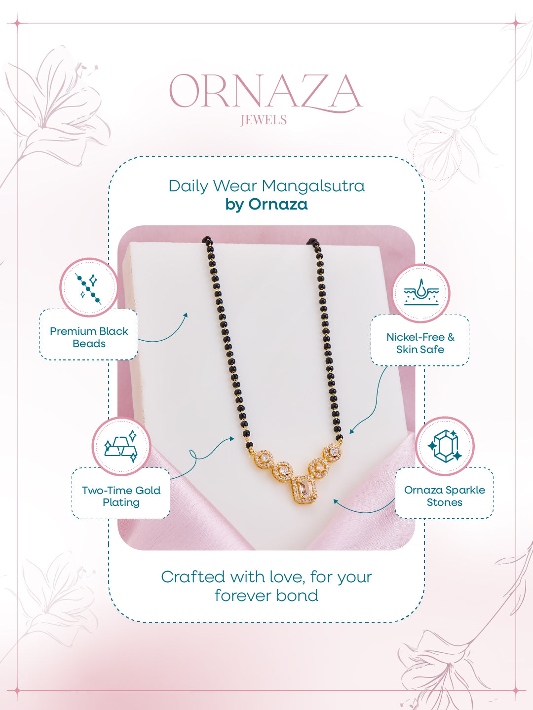Mangalsutra necklace on a pink cushion with 'Ornaza' branding and product features.