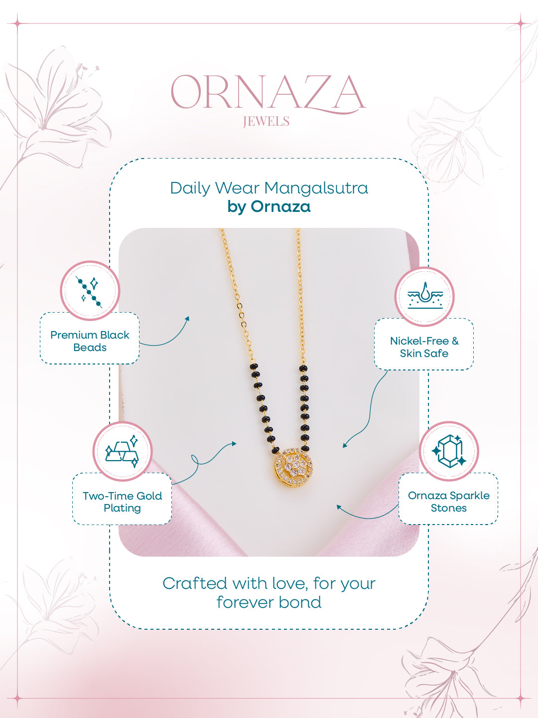 Ornaza Mangalsutra necklace on a white background with product features highlighted.