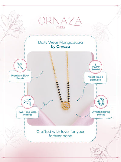 Ornaza Mangalsutra necklace on a white background with product features highlighted.