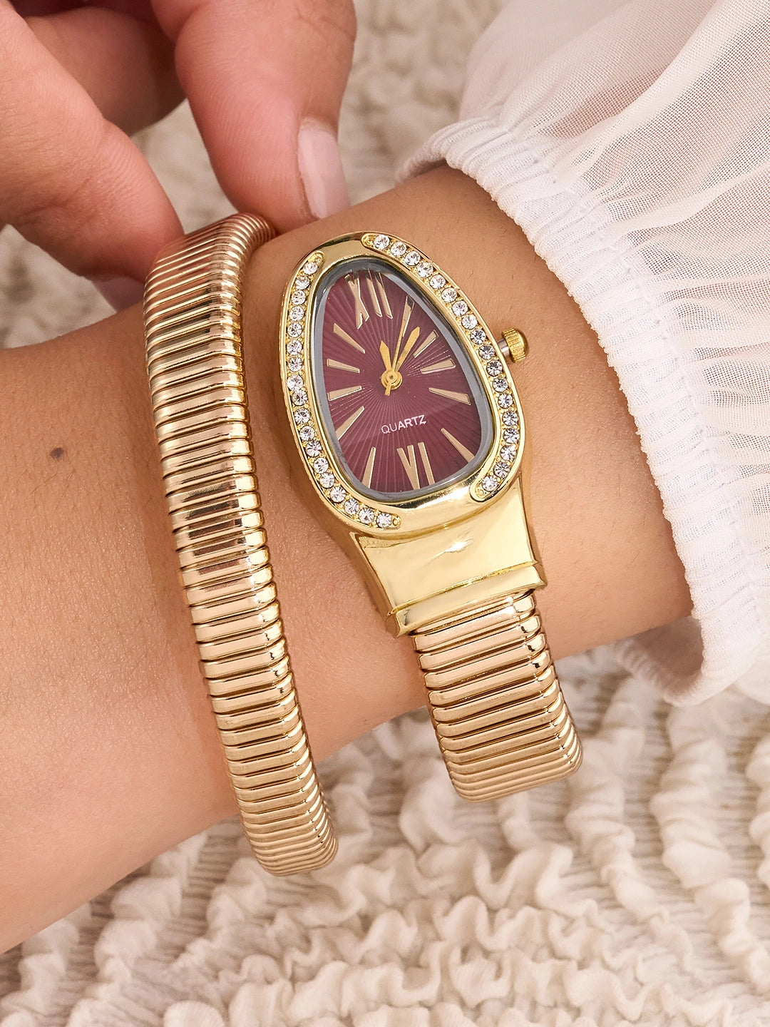 Elara Maroon Oval Crystal Women’s Watch