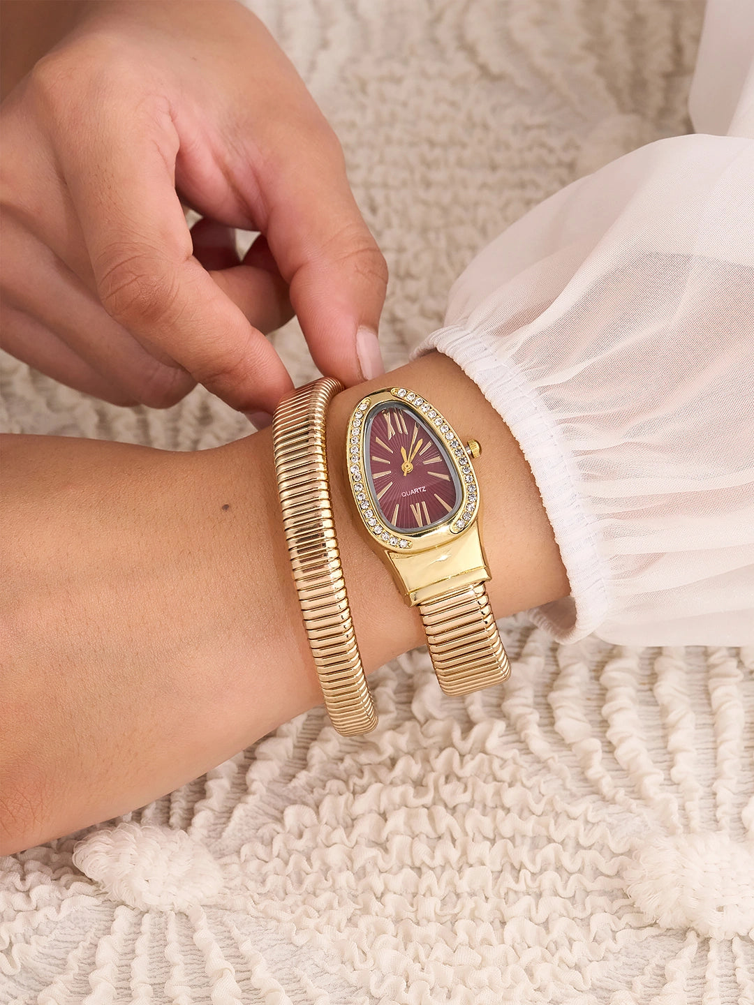 Elara Maroon Oval Crystal Women’s Watch